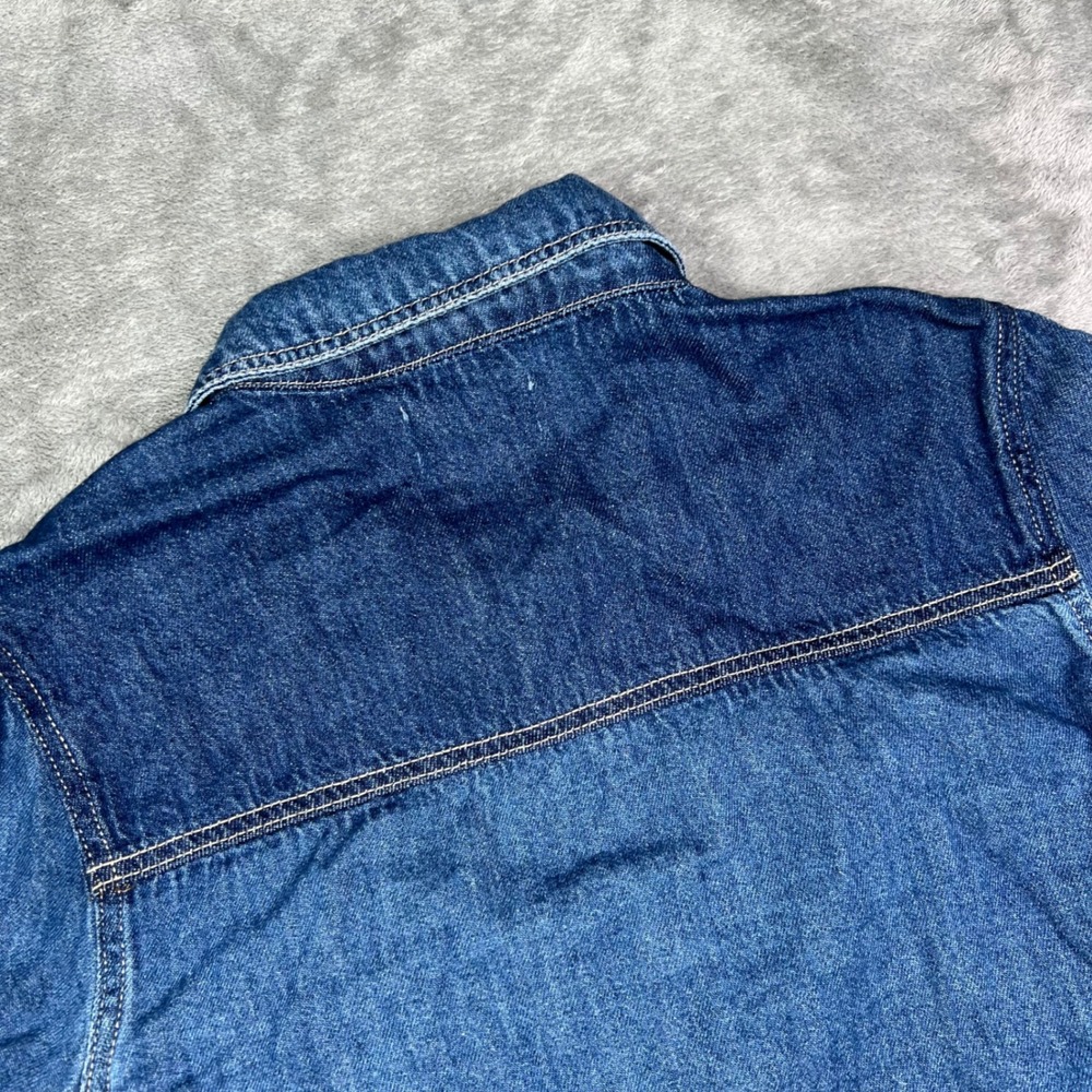 Risen Denim Pearl Snap Shirt Women Large Blue Two Tone Long Sleeve Puff Shoulder - Picture 10 of 10